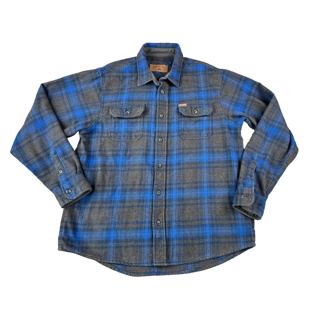 Orvis Men's Flannel Shirt Large Blue Gray Plaid Long Sleeve Button Up